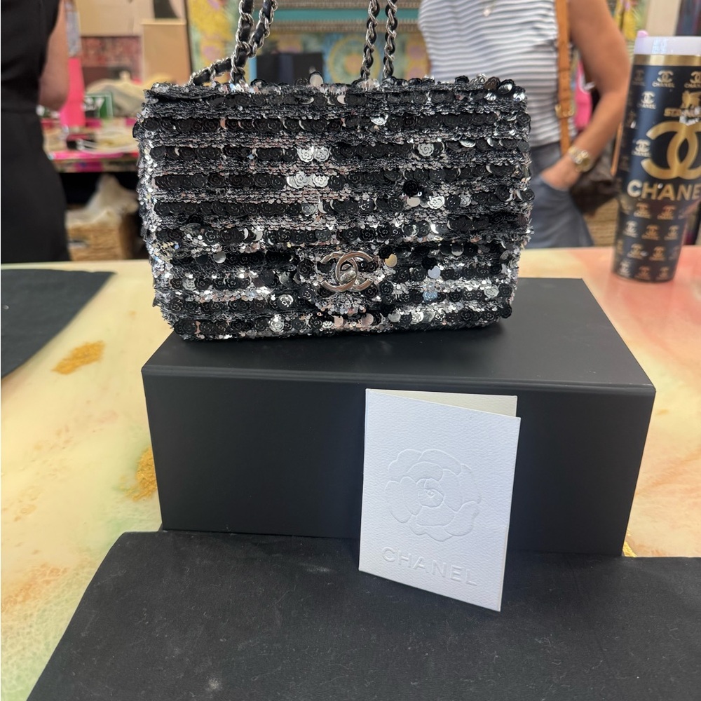 CHANEL Black & Silver Sequin Chain Shoulder Bag